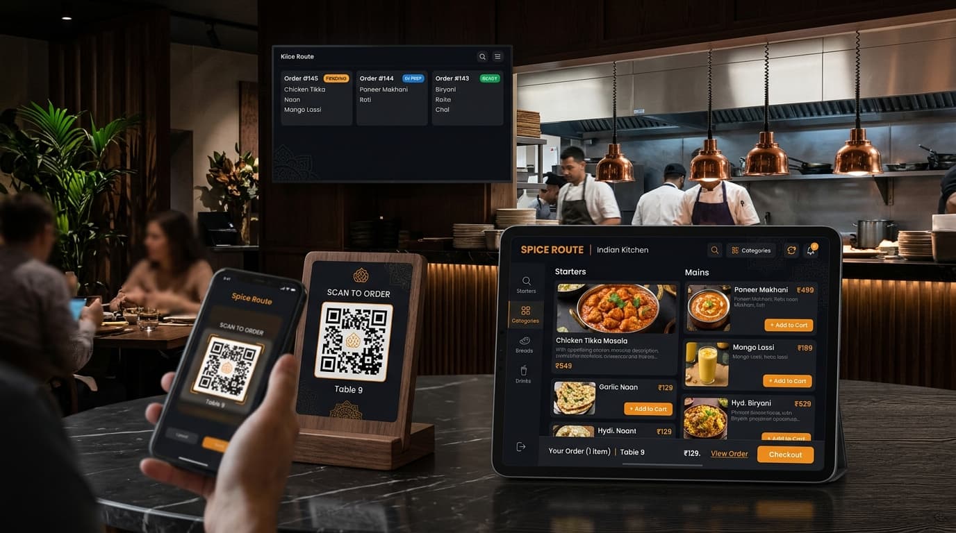 Royal Table QR table ordering system — guest scanning a QR code on a restaurant table, digital menu on tablet, and live kitchen display in background